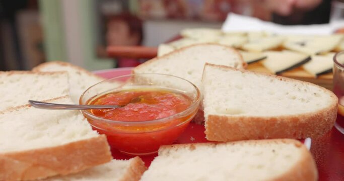 Pa amb Tomaquet (Bread with Tomato), Typical Appetizer in Spain Served On The Table. - close up