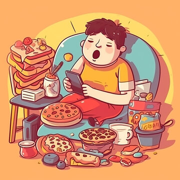 Fat overweight person among large amount of food..