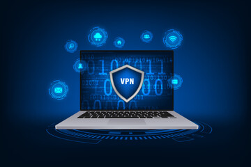 Vector laptop mockup virtual private network with shield concept. Cyber security and privacy.