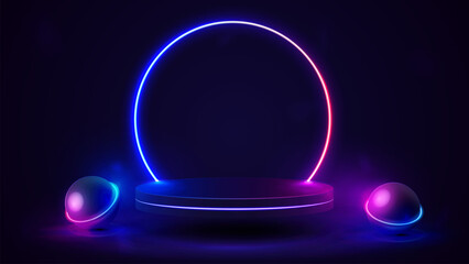 Empty podium with line gradient pink and blue neon ring and neon spheres. 3d render.