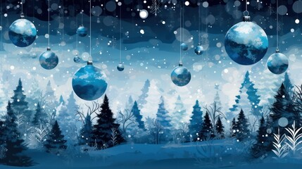 Naklejka na ściany i meble blue festive new year background or card with Christmas tree decorations with bokeh. Generative AI