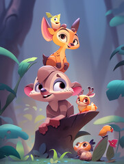 A cartoon illustration of a fawn and a baby on a tree trunk.