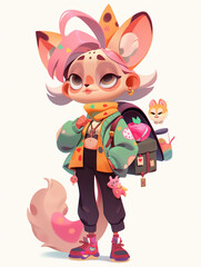 A cartoon character with a pink cat with a backpack and a bag with a pink nose.