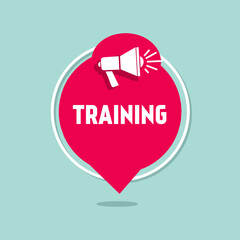 Training round label design with megaphone. Banner template for business, advertising. Flat vector.
