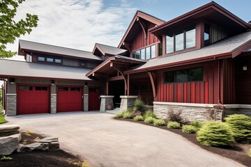 Cutting-Edge Architecture Meets Edgy Freshness: Three-Car Garage, Red Siding, and Natural Stone Accents, generative AI