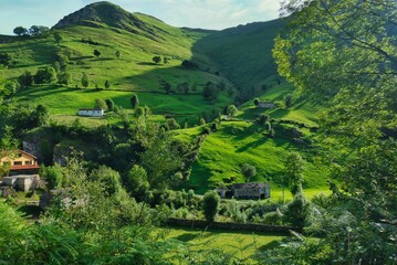 Fototapeta na wymiar Aerial view of the green lands of Valles Pasiegos, Picos de Europa, Cantabria