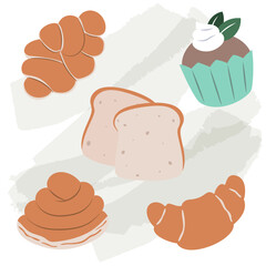 Set vector bread icons. Rye, whole grain and wheat bread, pretzel, muffin, pita , ciabatta, croissant, bagel, toast bread, french baguette for design menu bakery.