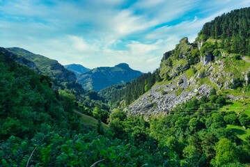 Aerial view of a sunny sky over Valles Pasiegos, Picos de Europa, Cantabria