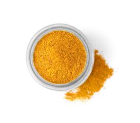Glass jar and curry powder on white background, top view