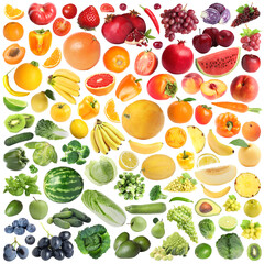 Many fresh fruits and vegetables arranged in rainbow colors on white background, collage
