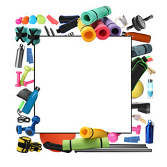 Square frame and different sports equipment on white background