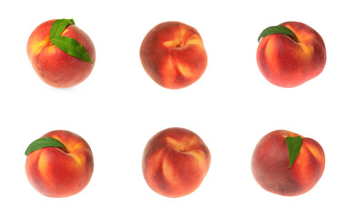 Set of fresh peaches on white background