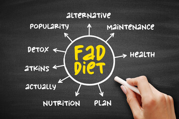 Fad diet - without being a standard dietary recommendation, and often making unreasonable claims for fast weight loss or health improvements, mind map concept on blackboard