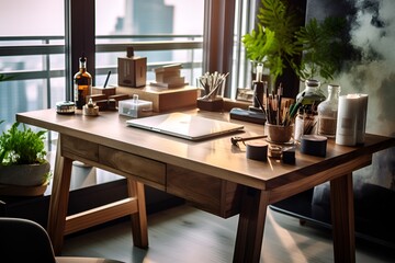 Pristine office workspace with a stylish wooden desk adorned with neatly arranged stationery - Generative AI