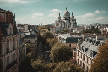 View of Parisian buildings with Sacre Coeur Basilica in the distance. Generative AI