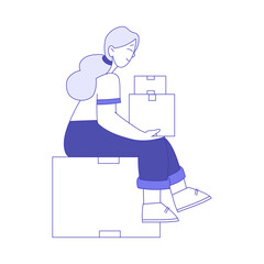 Woman Character Sitting on Cardboard Box Vector Illustration