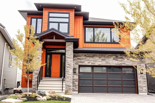 Innovative Features and Eye-Catching Design: A New Development House with a Single Car Garage, Natural Stone Entrance, and Burnt Orange Siding, generative AI