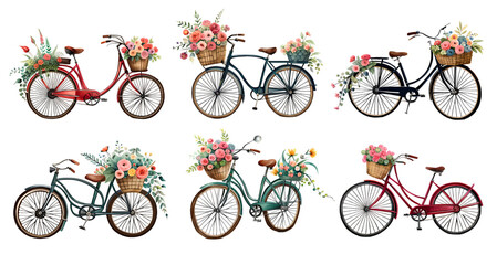 Fototapeta premium Set of vintage bikes with flowers in baskets. Generative Ai 