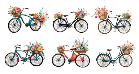 Set of vintage bikes with flowers in baskets. Generative Ai 
