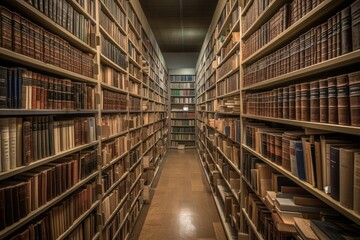 Bookshelves in the library. Large bookcase with lots of books. Library of the city or university. shop with bookcases. Cozy book background. Generative AI