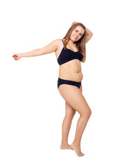 Confident woman with overweight natural body posing.