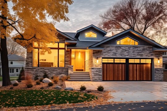Stylishly Contemporary Residence with two-car garage, Sleek Architecture, and Natural Stone Details with Light Blue Siding, generative AI