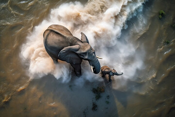 Top view of mother and baby elephant bathing in the River. amazing wild life. Generative Ai