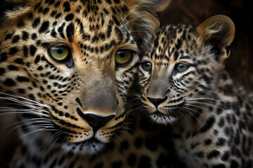 Fototapeta na wymiar Stunning portrait of mother and baby leopard. Amazing wild life. Generative Ai