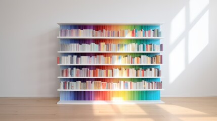 Bookshelves with books organized by colors. Generative AI.