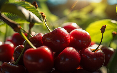 Harvested cherries in the orchard at sunny day. Ai Generative image