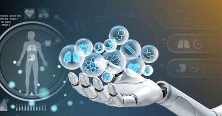 Cyborg hand holding a Medical icon with virtual icon diagram and connection 3d rendering. a Futuristic template medical and health care Interface Icons
