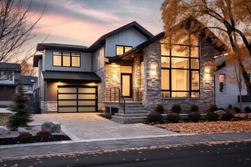 Fresh & Fashionable: A Sleek Architectural Masterpiece with Natural Stone Details, 2-Car Garage, and Light Blue Siding, generative AI