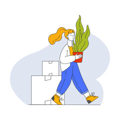 Woman Carrying Houseplant in Pot During Relocation Vector Illustration
