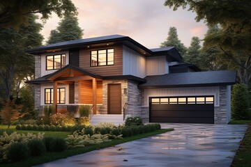 Fresh & Fashionable Home Design with Sleek Architecture, Coral Siding, and Natural Stone Details - Includes 2-Car Garage, generative AI