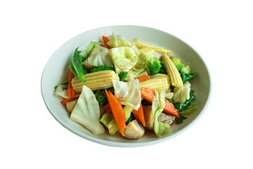 Stir fried vegetables in white dish isolated or PNG background for food menu, food background, kitchen, cooking and etc.