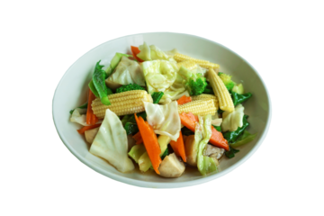 Stir fried vegetables in white dish isolated or PNG background for food menu, food background, kitchen, cooking and etc.