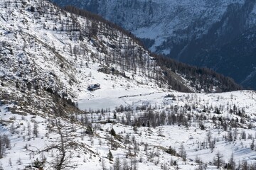 Fototapeta na wymiar Sunny winter scene featuring a white hillside blanketed in snow, the Champorcher valley