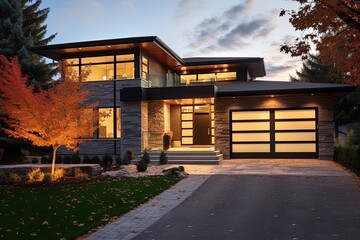 Sleek Architecture meets Fashion in Fresh Build Residence with Two-Car Garage, Light Green Siding, and Natural Stone Details, generative AI