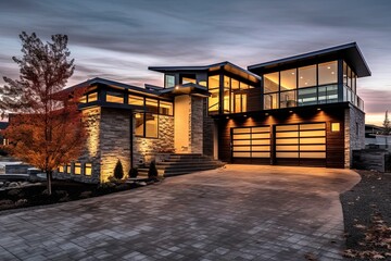 Contemporary Design with Green Siding and Natural Stone Accents on a Futuristic Brand New Property with a Three-Car Garage., generative AI
