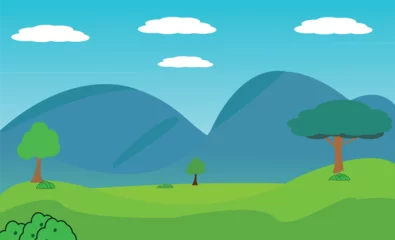 Gordijnen Vector illustration of a beautiful trees nature and hill laandscape background. cute simple  cartoon style © MdRiaz