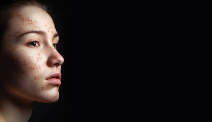 Fototapeta premium Glowing Beauty: Woman Closeup Shot Revealing Skin Condition. Copy space black background. Generative AI