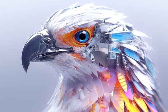 Eagle head illustration. Futuristic unusual robot bird. Creative concept. Generative AI. Design for banner, poster, cover, brochure or presentation.