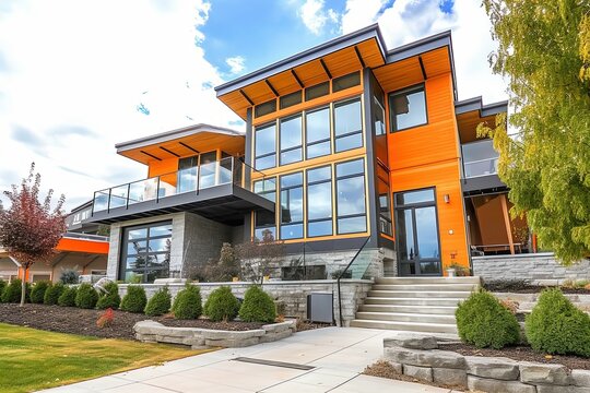 Contemporary Design Shines in This Futuristic Three-Car Garage Property with Striking Orange Siding and Natural Stone Accents, generative AI