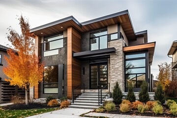 Fototapeta premium Modern Two-Car Garage Home with Innovative Design Features: Bronze Siding and Natural Stone Staircase, generative AI
