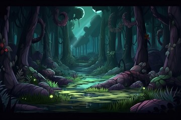 Dark forest 2D mobile game background, dark forest environment, horror background, Generated by AI