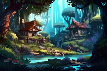 Fantasy world 2D mobile game background, 2D game houses, RPG environment, open world background, Generated by AI