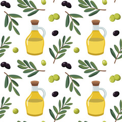 Vector seamless pattern with ripe olives and a bottle of olive oil. Isolated on white background. Design for wrapping paper, wallpaper, and backdrop.