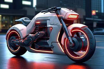 Futuristic electric bike with orange neon lights, cyberpunk hight-tech motorcycle, Generated by AI