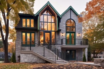 Fototapeta na wymiar Modern New Home with Green Siding, Natural Stone Staircase, and Two-Car Garage, generative AI