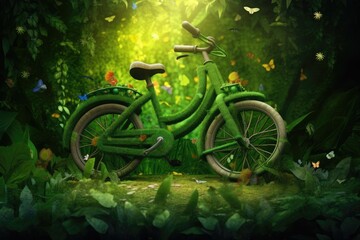 World bicycle day, eco and environment concept, green bicycle on nature background, Generated by AI